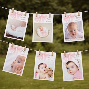 Cartes-photos d'étape du mois pour bébé avec noeud rose, 1er anniversaire de fille, bannière photo pour baby shower, Invitation numérique modifiable avec noeud de ruban rose