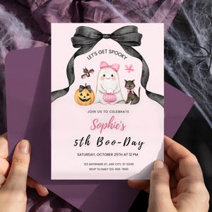 May include: A pink Halloween party invitation with a black bow and ribbon design. The invitation features a ghost, pumpkin, and black cat illustration. Text includes "Let's Get Spooky" and "Sophie's 5th Boo-Day".