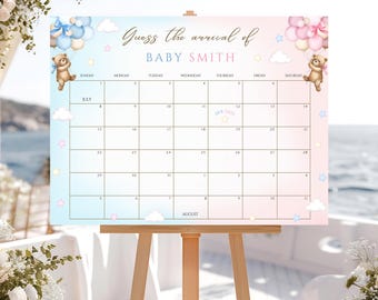 Gender Reveal Guess the Date Calendar Game, Neutral Bear Baby Shower Birthday Party Decor, Editable Canva Template Digital Download GB34