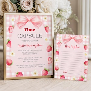 Berry First Birthday Time Capsule Sign Editable Strawberry 1st Birthday Girl Party Decorations Printable Canva Template Digital Download B11