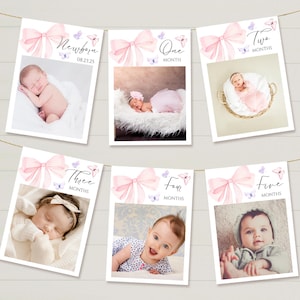 Tarjetas fotográficas mensuales con mariposa y lazo rosa, pancarta para el primer cumpleaños de niña, lazo rosa coqueto de acuarela, plantilla editable de Canva
