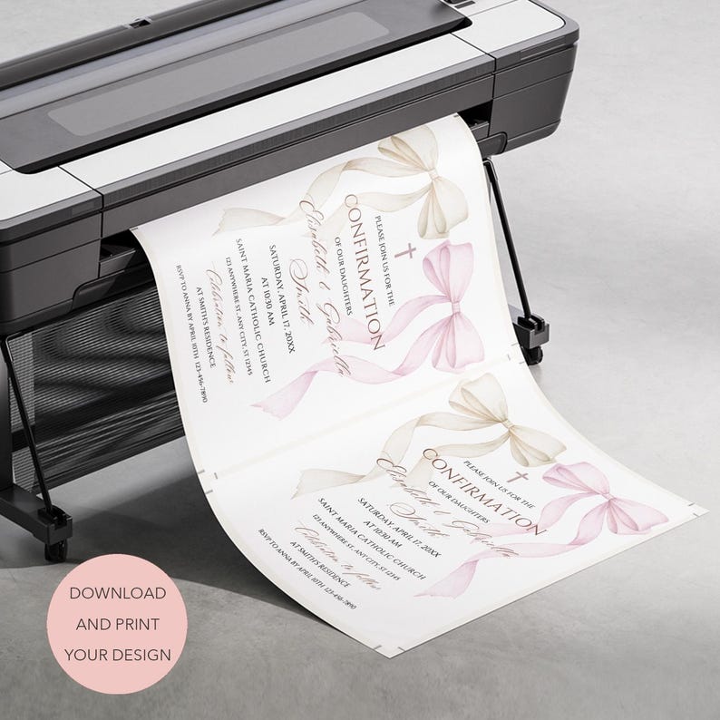 White & Pink Bows Confirmation Invitation for Two Girls Catholic ...