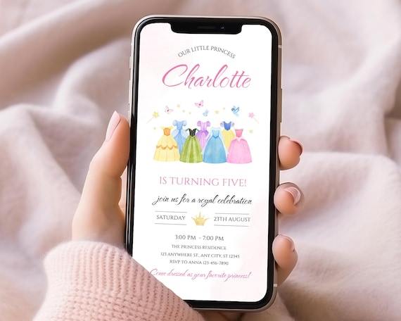 Princess Birthday Animated Phone Invitation Watercolor Royal Girl Dress Canva Template Digital Download P17