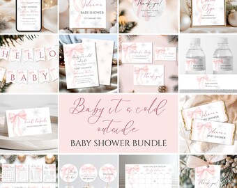 Christmas Baby Shower Bundle: Coquette Pink Bow, Snowflakes, Editable Canva Template BS24