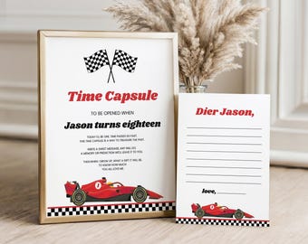 Fast One Birthday Time Capsule, Editable 1st Birthday Boy Sign, Printable Race Car Decor, Canva Template Digital Download FO32