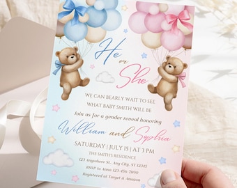 Teddy Bear Gender Reveal Invitation, We Can Bearly Wait Balloons Invite, Printable Canva Template Digital Download GB34