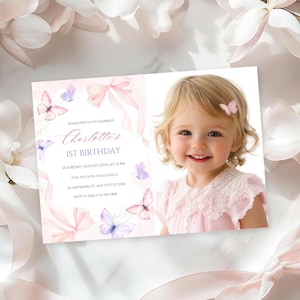 Pink Bow Butterfly 1st Birthday Photo Invitation Editable Canva Template Digital Download BAB31