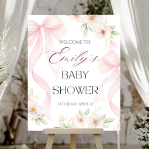 Floral Baby in Bloom Baby Shower Willkommen Zeichen Vorlage Coquette Ribbon Benutzerdefiniertes Zeichen Aquarell Rosa Bogen Willkommen Poster Druckbare Leinwand