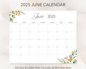 Editable June 2025 Calendar: Watercolor Floral Planner (Digital Canva Template)
