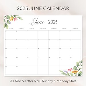 Calendario mensual editable de junio de 2025 con diseño de flores de acuarela, calendario de pared horizontal, tamaño carta A4, plantilla imprimible en Canva digital.