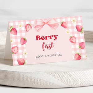 Modèle de carte de lieu pour 1er anniversaire de baies aquarelle fraise étiquette de nourriture tente modifiable carte toile imprimable décoration de fête téléchargement numérique B11