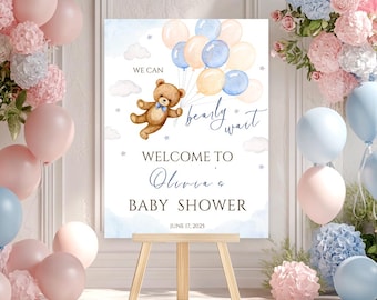 Baby Shower Welcome Sign: Watercolor Teddy Bear Printable  Canva Template TB24