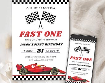 Race Car First Birthday Invitation, Editable 1st Birthday Boy Party Invite, Canva Template Digital Download FO32