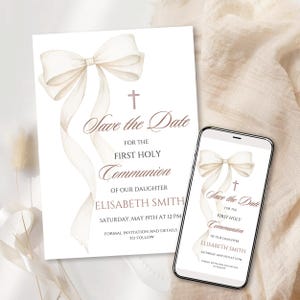 Może przedstawiać: Zaproszenie na Pierwszą Komunię Świętą z akwarelowym wzorem kokardy i wstążki. Tekst brzmi "Save the Date" i zawiera szczegóły wydarzenia. Smartfon wyświetla ten sam projekt. Dla Elisabeth Smith.