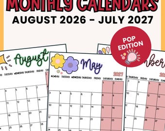 Calendarios mensuales 2026-2027 / Ilustraciones de cactus, paleta de colores (descarga digital)