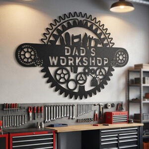 Letrero metálico personalizado para taller, regalo para papá, letrero personalizado para garaje, decoración personalizada para cueva de hombre, letrero para taller mecánico, decoración de entrada de garaje de acero