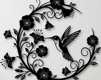 Decorazione murale in metallo a forma di colibrì, decorazione floreale da giardino, decorazione astratta con uccelli e fiori, decorazione zen per soggiorno a tema natura. Decorazione floreale da giardino,
