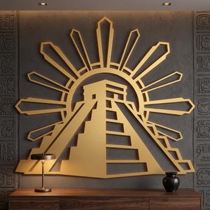 May include: A large gold-colored wall art piece featuring a stylized stepped pyramid centered beneath a radiating sunburst design. The geometric metal structure is mounted on a dark gray wall with carved rectangular panels on the left and right sides.