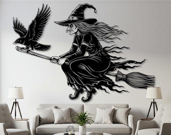 Flying Witch Metal Wall Art: Halloween Gothic Decor Halloween Party, Gothic Metal Wall, hat and broom, halloween outdoor decor, her gift