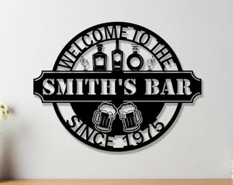 Insegna da bar in metallo personalizzata - Decorazione personalizzata per bar - Insegna con nome "Benvenuti al bar" - Regalo per caverna dell'uomo dell'anno di fondazione - Arte murale in metallo