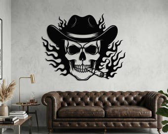 Cowboy Schädel Metall Kunst, Zigarre, Flammen, Tag der Toten Wandkunst, Dia de los Muertos Wanddekor, Boho Blumenschädel Wandkunst, Geschenk für Mexikaner