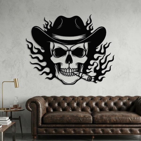 Cowboy Skull Metal Art, Cigar, Flames,Day of the Dead Wall Art, Dia de los Muertos Wall Decor, Boho Floral Skull Wall Art, Gift for Mexicans
