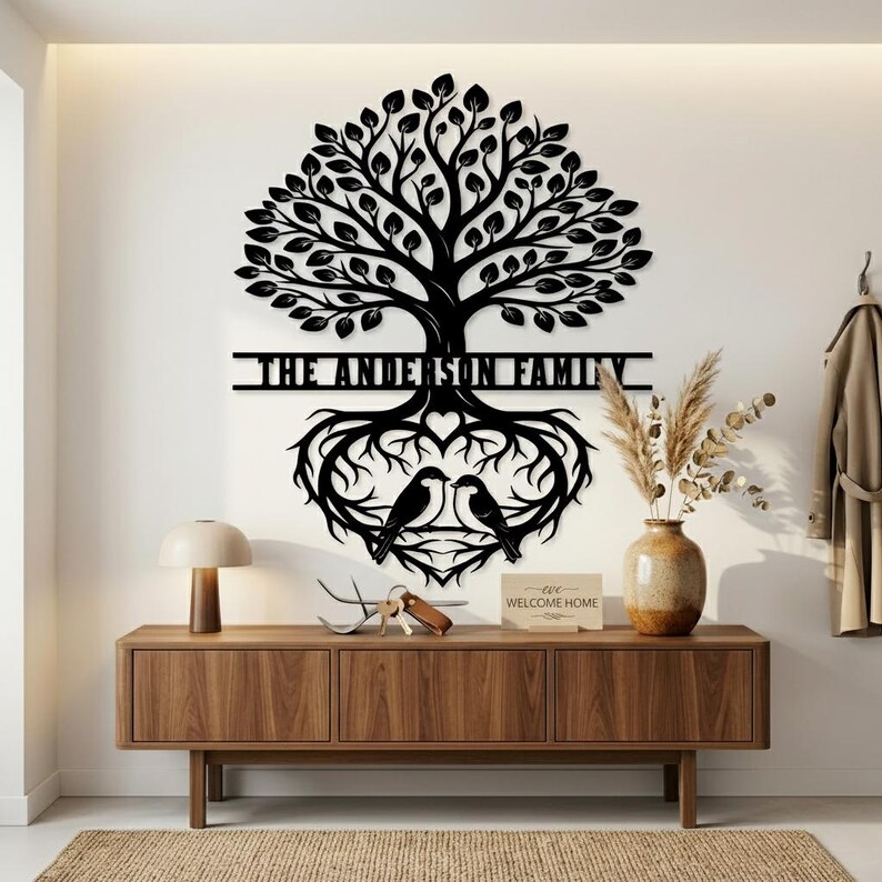 Personalized Family Tree Metal Wall Art, Custom Last Name Sign ...