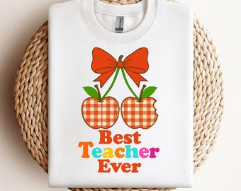 Best Teacher Ever Png, Gingham Pattern, Teacher Apple Design, Back To School Png, Teacher Graphic, Coquette Bow Png, DTF transfer design