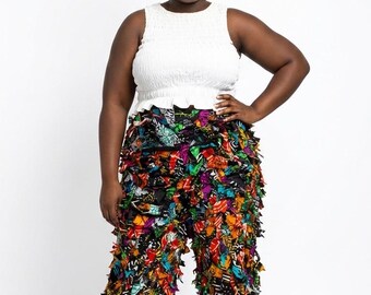 Pantalones Ankara con flecos – Pantalones con estampado africano – Atuendo para festivales – Pantalones con textura llamativa,