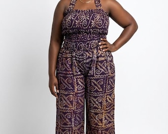 Adire Crepe Two Piece Set – African Print Halter Top, Wide Leg Pants, Vacation Outfit