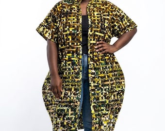 Afrikanskt tryckt kimonojacka: Ankara Boho Duster, Plus Size höstkappa