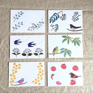 リソグラフポストカードセット – 仲逸子作「鳥と植物」 – 6デザイン – 日本製
