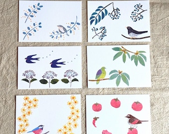 Ansichtkaartenset risografie - 'Vogels en planten' van Itsuko Naka - 6 ontwerpen - gedrukt in Japan