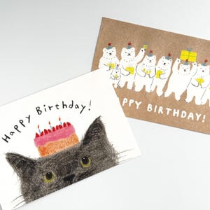 Cartão postal de aniversário de Aiko Poole – Gato / Urso polar / Conjunto de 2 – Cartão fofo de animal japonês