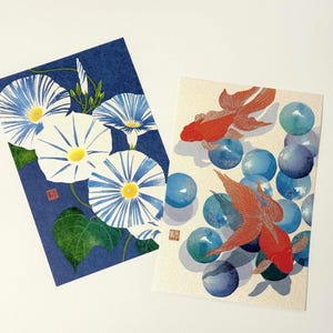 Set di 2 cartoline giapponesi Washi - Ipomoea e pesci rossi - Estate in Giappone - Tokyo Paper Works