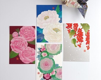Japanese Washi Postcards Set of 4 – Winter Flowers by Midori