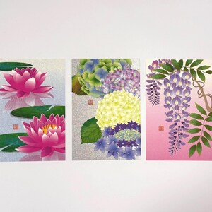 Conjunto de postales washi japonesas: glicina, hortensia y nenúfar: elegantes flores de verano