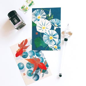 Japanese Washi Postcard Set: Morning Glory & Goldfish - Echizen Paper