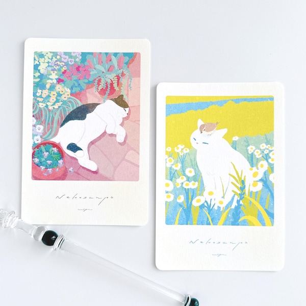 Conjunto de postales de arte japonés: "Gorrión y gato" y "Gato durmiendo"