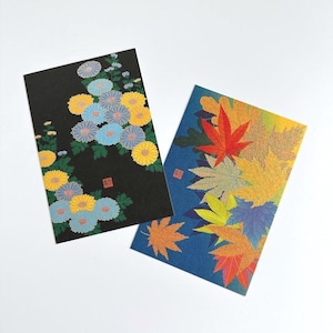 Japanisches Washi Postkarten Set - Herbstblätter & Chrysantheme (2er-Set)