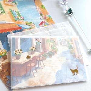 Letter Set by Tsutsumu  – European Street Café with Cat – Tracing Paper Envelopes with Foil Accents – Made in Japan