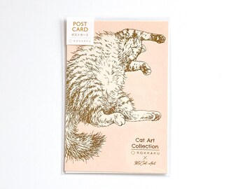 May include: A postcard with a gold illustration of a cat on a pink background. The cat is lying on its back with its paws raised. The postcard has text that reads "POST CARD" and "Cat Art Collection".