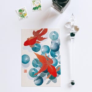 Japanese Washi Postcard - Goldfish and Glass Marble Design - Summer Greeting Card - Tokyo Paper Works