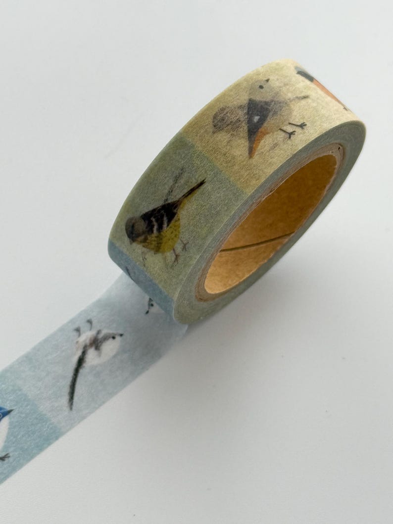 May include: Decorative washi tape featuring a repeating pattern of various birds. The tape has a light blue and green background with illustrations of birds in different poses. The tape is rolled up, showing the end of the roll and a portion of the unrolled tape.