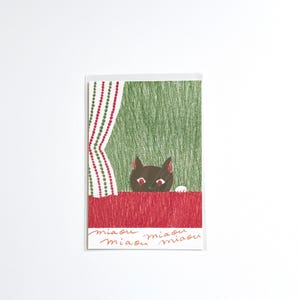 Miaou: Hungry Cat Behind the Curtain – Lithograph Postcard / Made in Japan