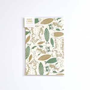 ROKKAKU Cat Art Collection Postkarte “Fisch” | Goldfolie Japanische Illustration
