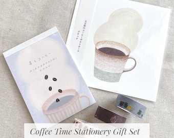 Coffee Time Stationery Gift Set – Coffee Cup Postcard, Star & Coffee Memo Pad, mt Coffee Washi Tape 3 Rolls – Made in Japan