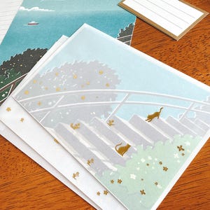 Letter Set – Sea & Cat – Summer Scenery Tracing Paper Envelopes with Foil Accents – Made in Japan