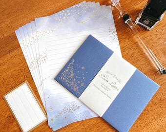 Polite Japanese Letter Set – “Blue Stardust Sky” with Gold Foil Stars – Made in Japan by Tsutsumu