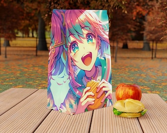 Torba na lunch z rolowanym zamknięciem - Kawaii Hungry Girl Design - izolowana, miękka, boczna torba termiczna na lunch z magnetycznym zamknięciem